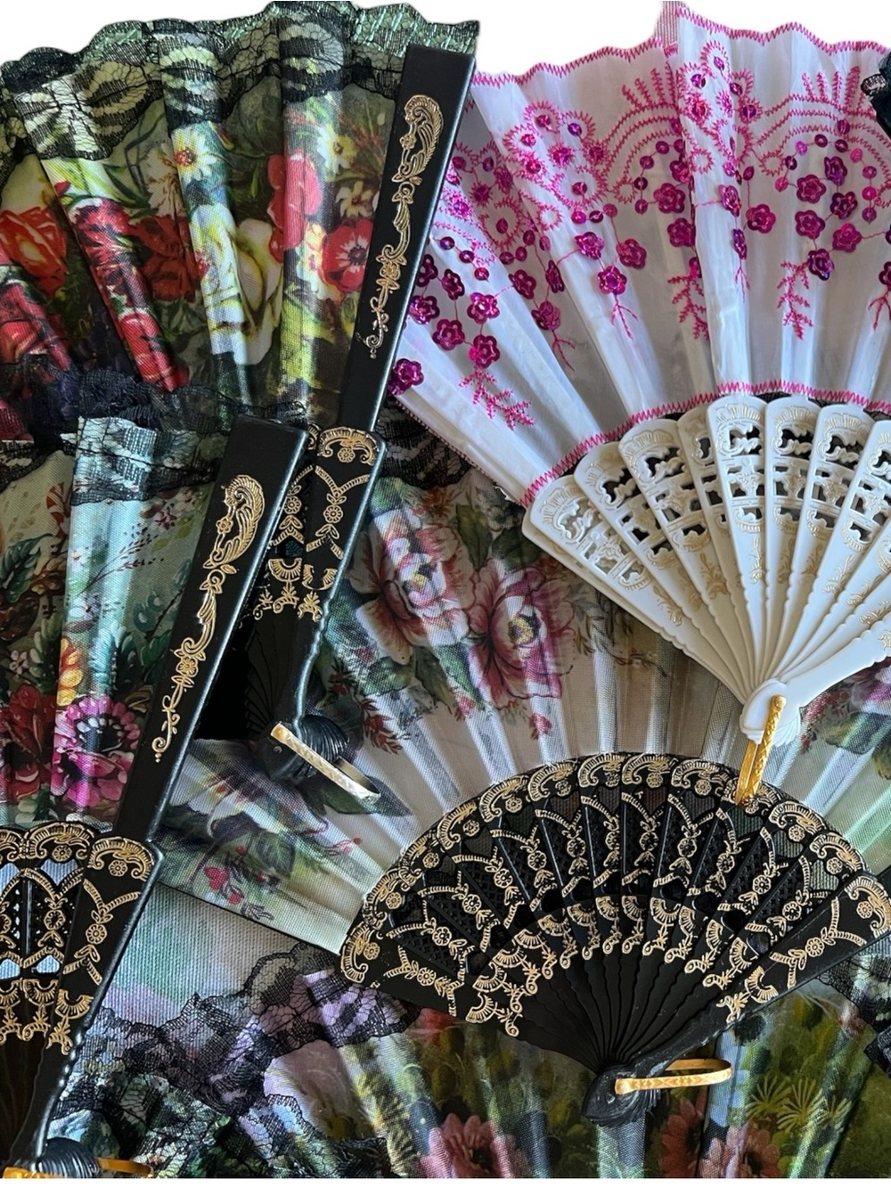 10 Lace Hand Fan with Multicolor Floral Fabric - Picture 5 of 12